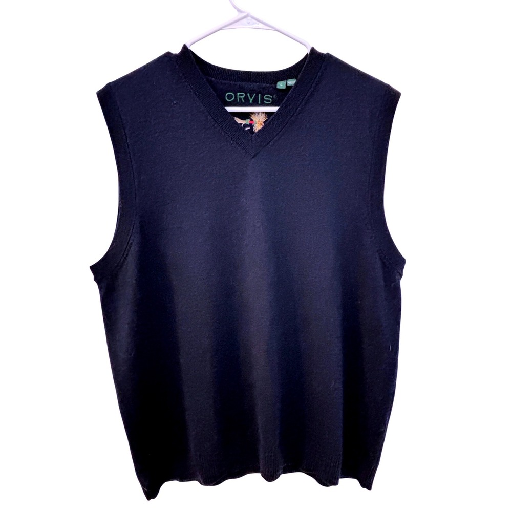 Orvis Mens Navy Blue 100% Merino Wool V-Neck Sweater Vest Large Fly Fishing Logo